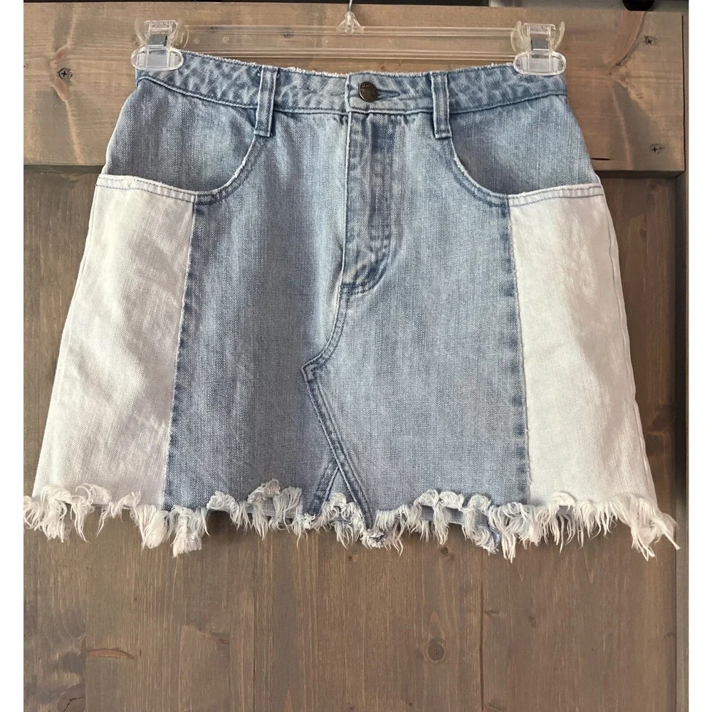 Free People Denim Mini Skirt Color Block Light Wash Blue Size 4 Distressed Hem
